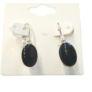 Oval Cut Black Onyx Dangle Drop Earrings Sterling Silver Plated Lever Back